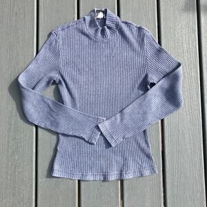 Vintage high neck blue ribbed long sleeve cotton shirt, preppy indie 80s 90s